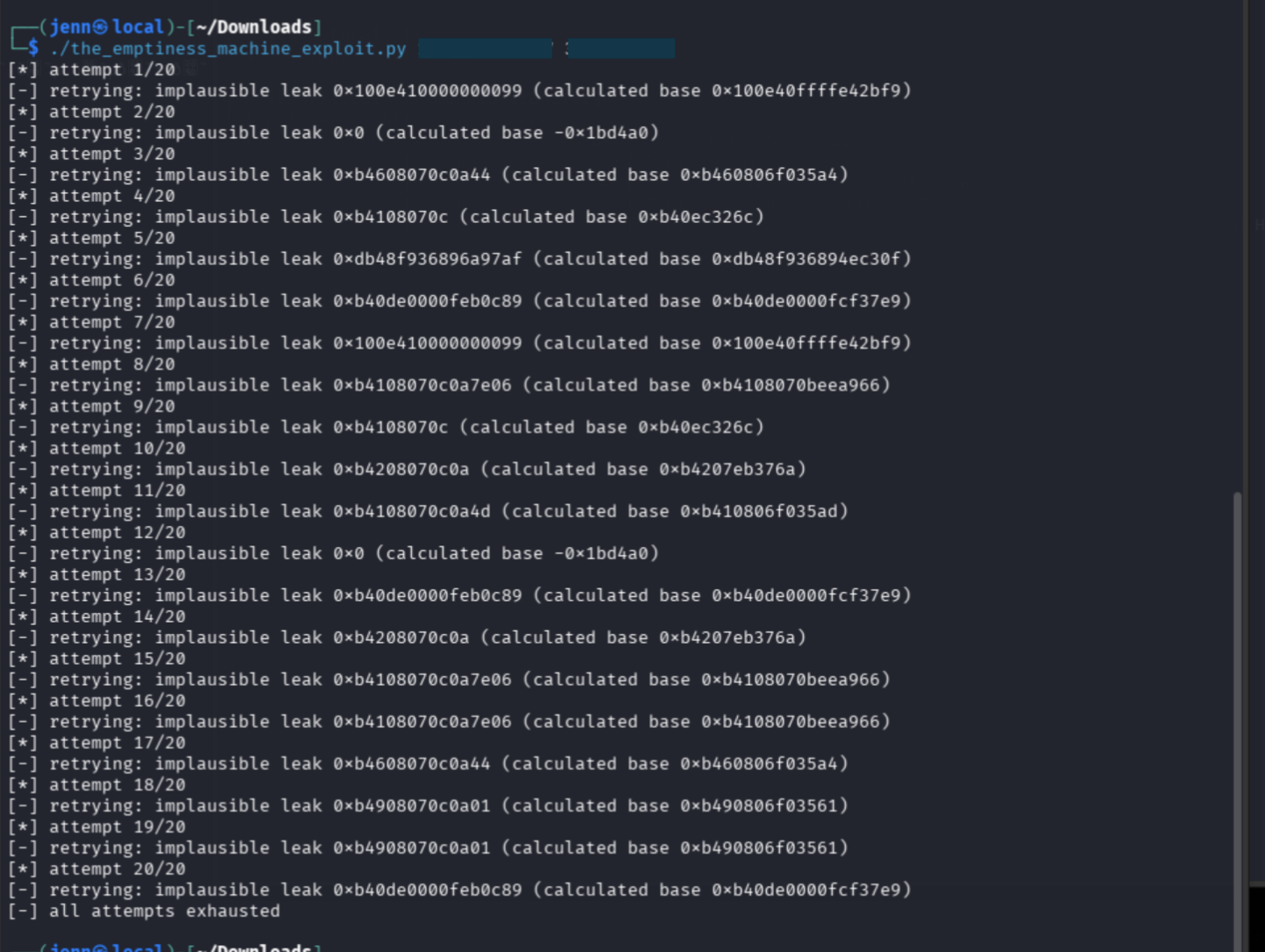 Initial exploit exhausting twenty attempts because it read the remote disclosure at a fixed offset